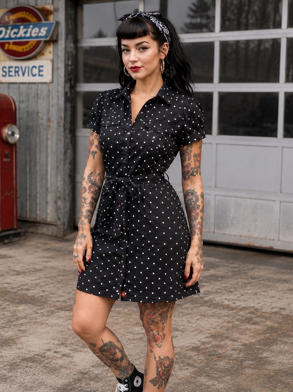 DICKIES Black Polka Dot Snap Front Belted Dress | Y2K Pin-Up Workwear